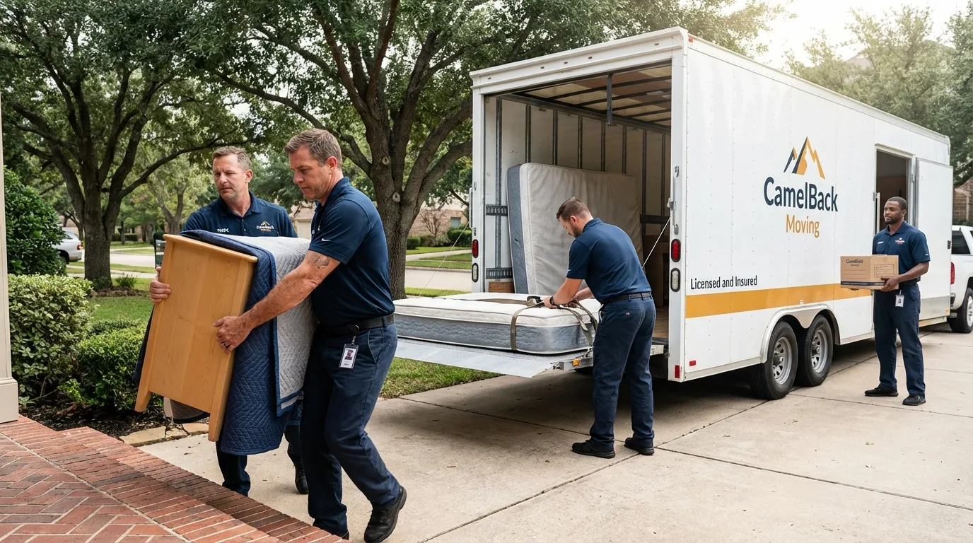 Crew loading residential truck for cross-state move from Newport News, VA