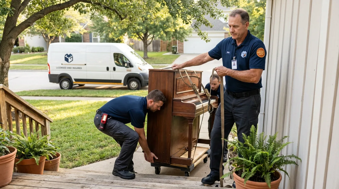 Licensed piano movers securing grand piano in Newport News, VA