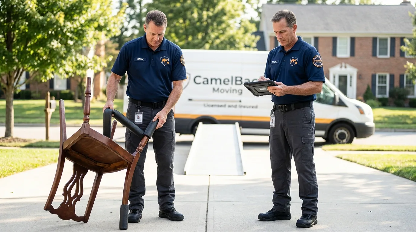 Movers inspecting furniture for damage prevention before loading in Newport News, VA