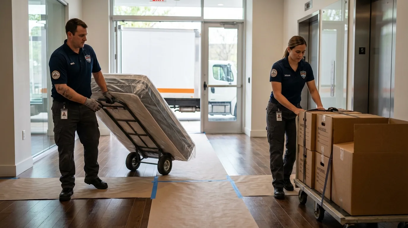 Professional apartment movers loading elevator in Newport News, VA