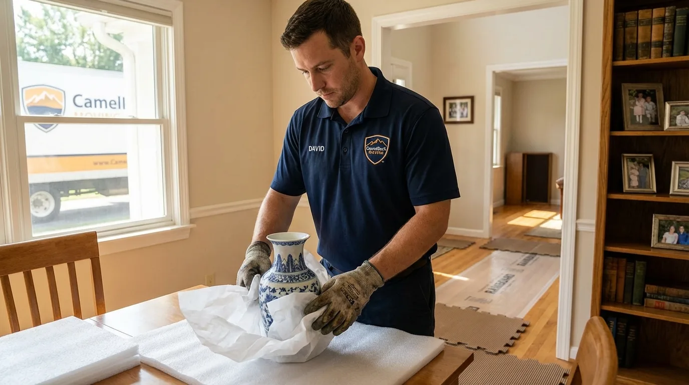 Professional crew carefully wrapping antique vase for senior downsizing move in Newport News, VA